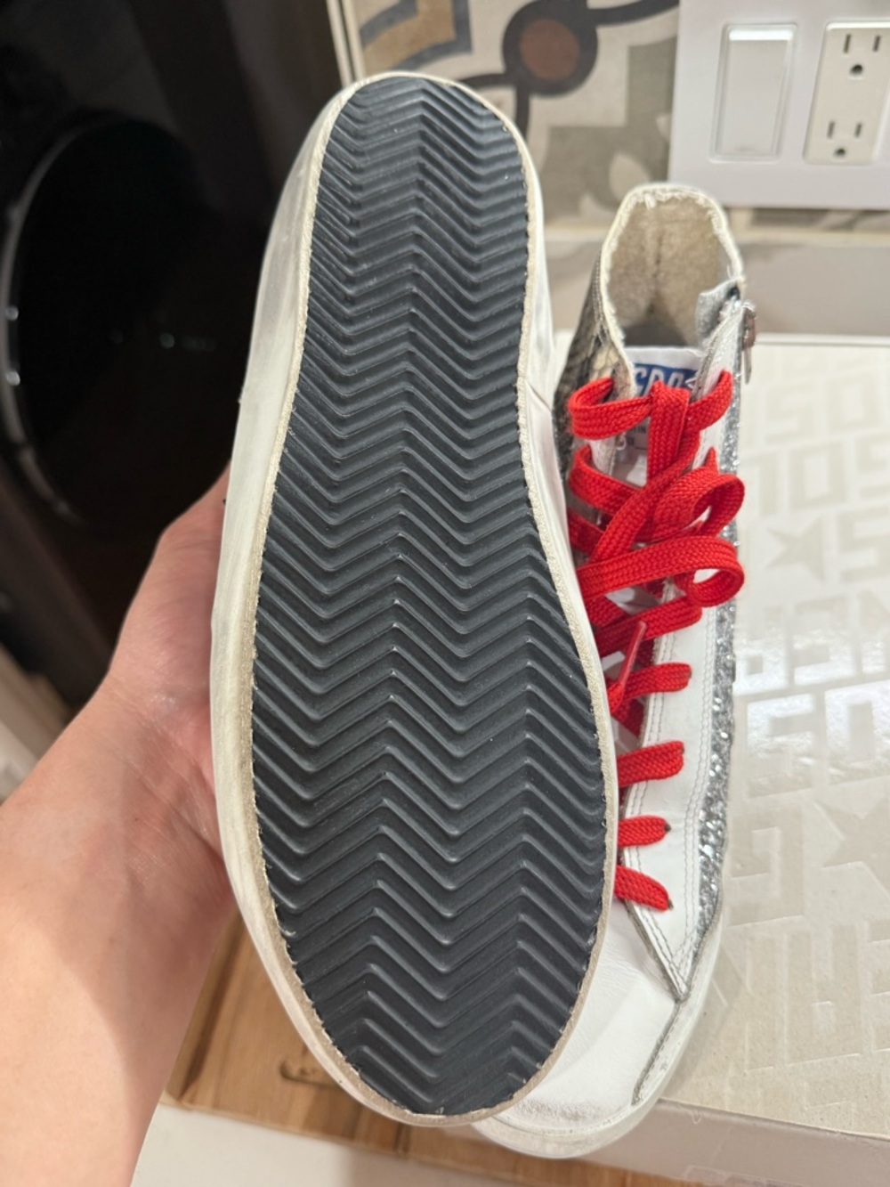 Golden Goose Multi-Texture High-Top Sneakers with Red Laces - Picture 7 of 13